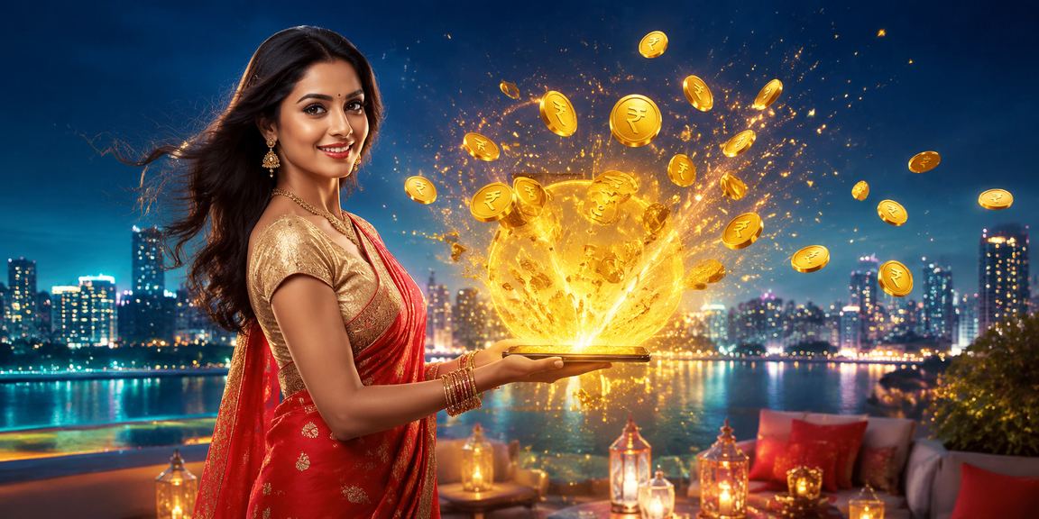Indian woman making mobile payment for online betting in traditional saree outfit